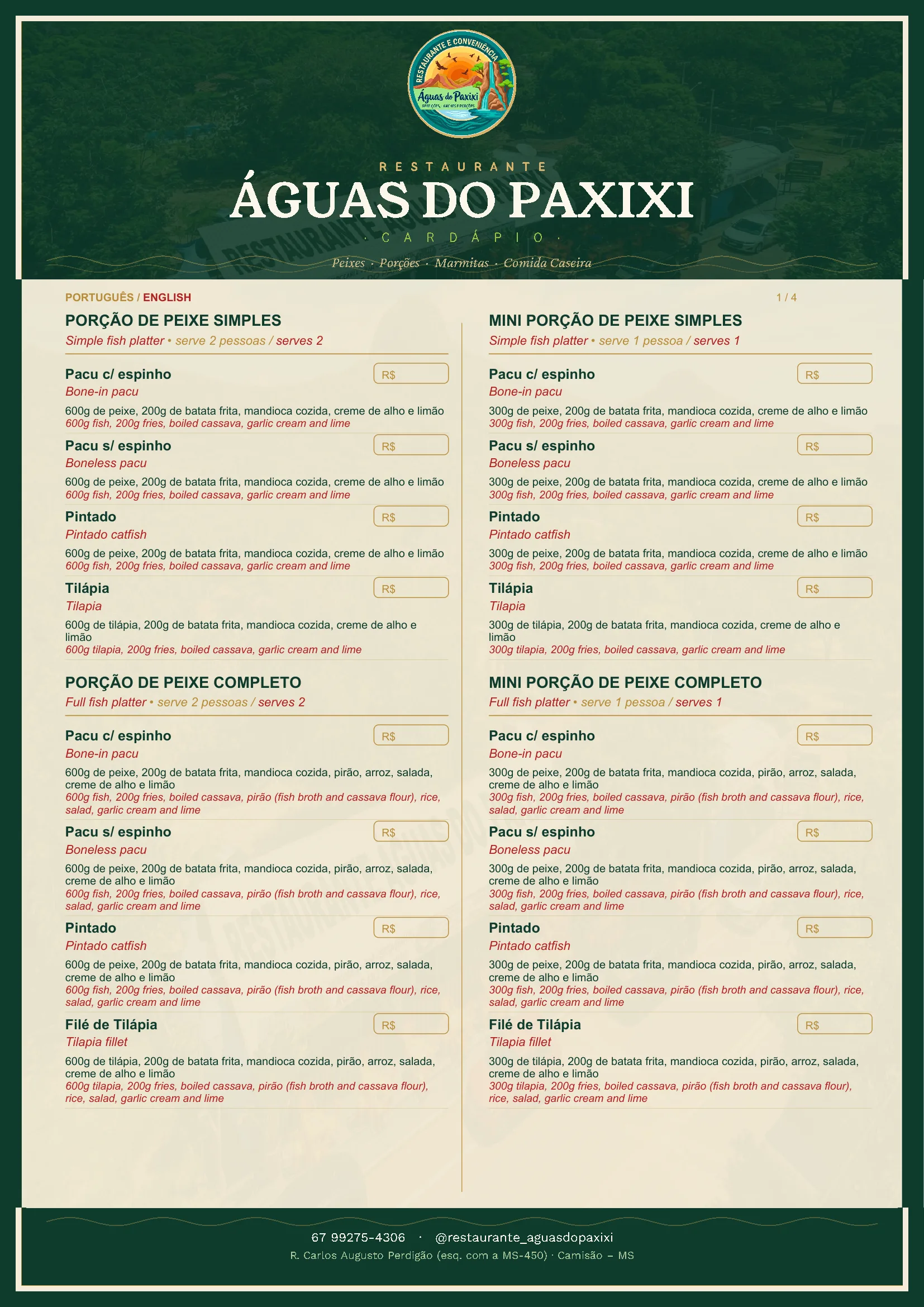 Cardápio página 1: porções de peixe