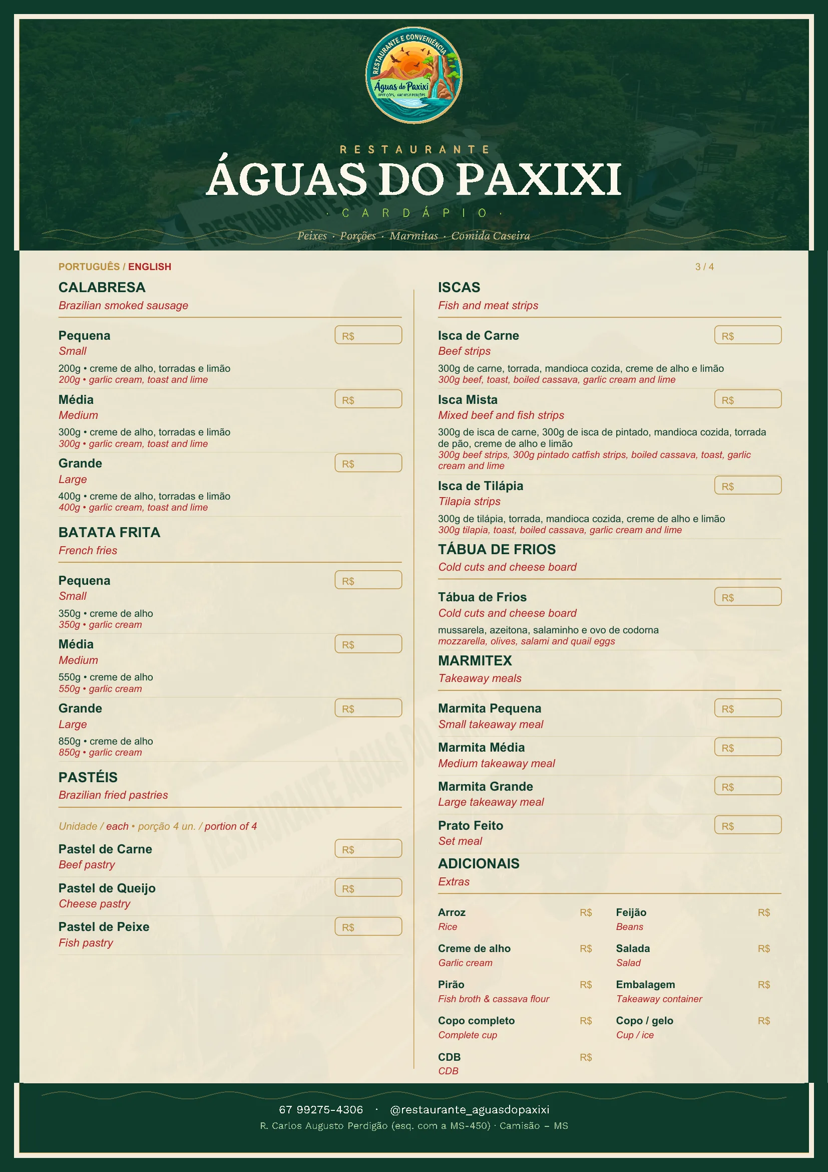 Cardápio página 3: calabresa, batata, pastéis, iscas, marmitex
