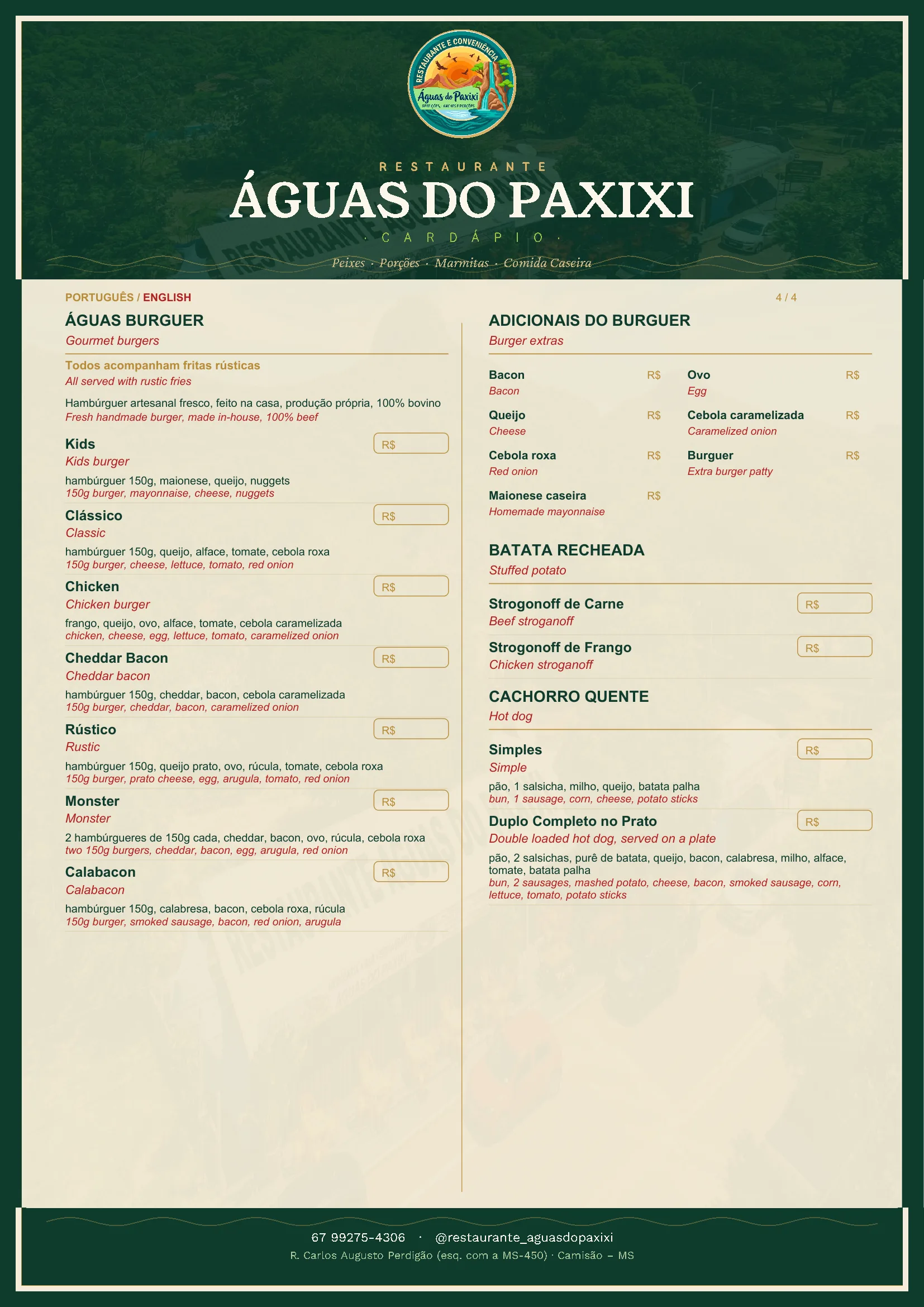 Cardápio página 4: Águas Burguer, batata recheada e cachorro quente
